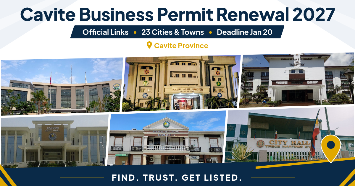Collage of Cavite city halls in Imus, General Trias, Tagaytay, Bacoor, Dasmariñas and Trece Martires with the title Cavite Business Permit Renewal 2027, by Cavite Biz Hub