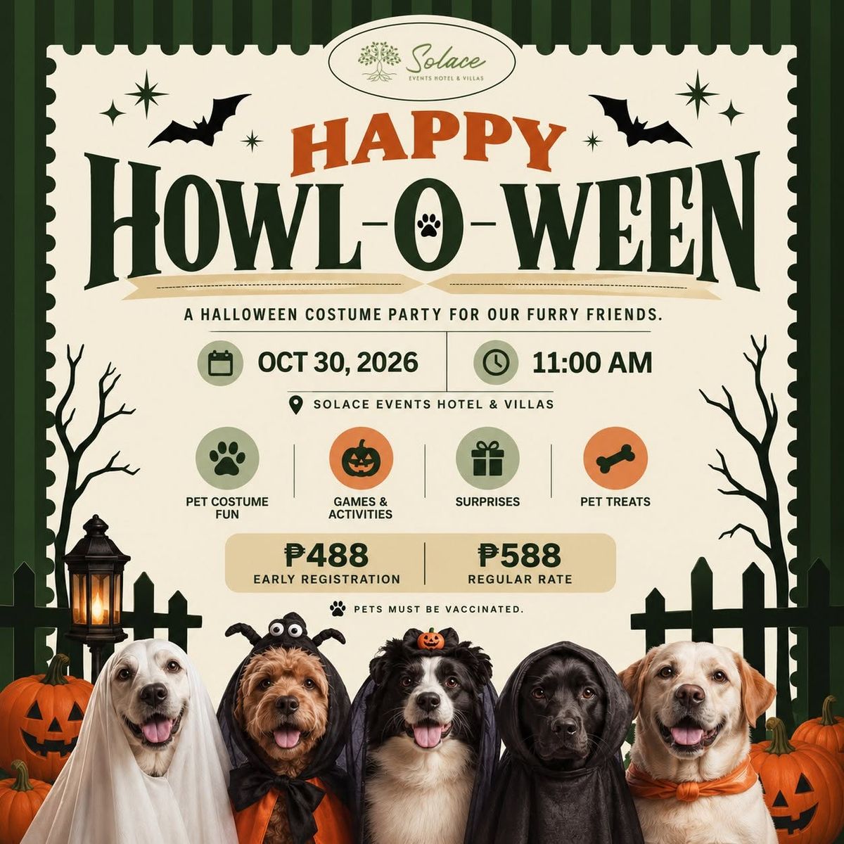 Dogs in Halloween costumes at Howl-o-Ween Pawty, Solace Villas, Cavite, with event details and decorations.