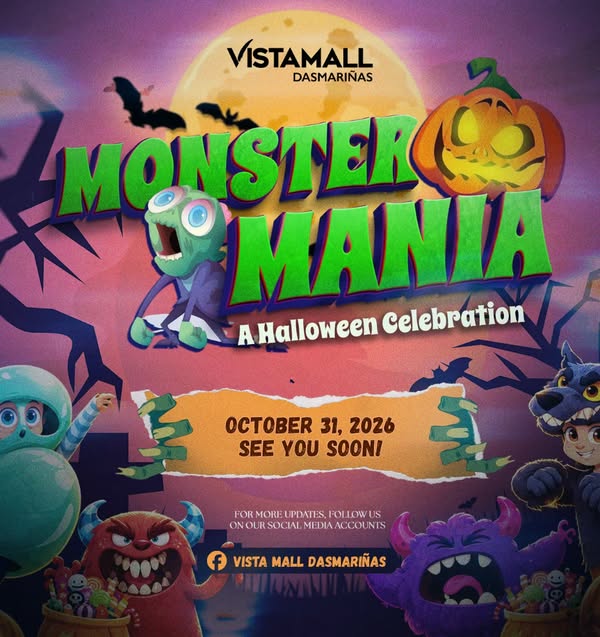 Colorful Halloween monsters and pumpkin graphics for Monster Mania event at Vista Mall Dasmariñas, Cavite.