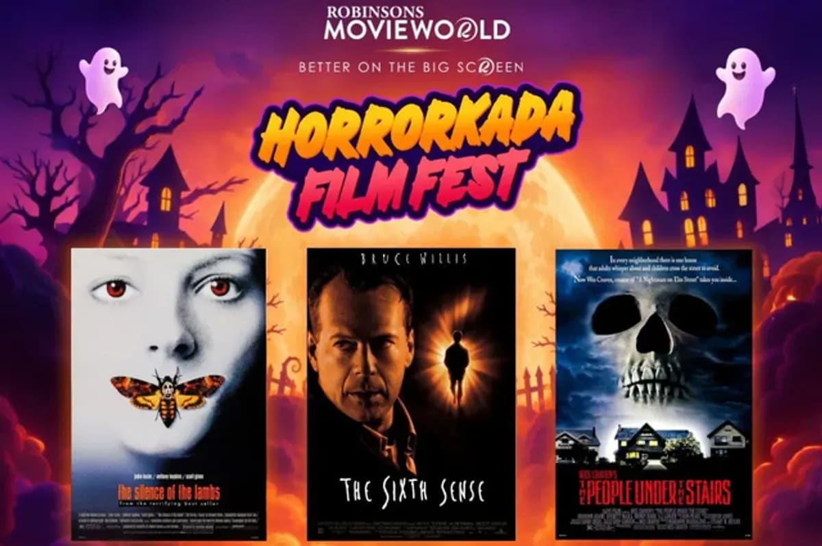 Horrorkada Film Fest at Robinsons Movieworld General Trias featuring movie posters with a spooky Halloween theme.