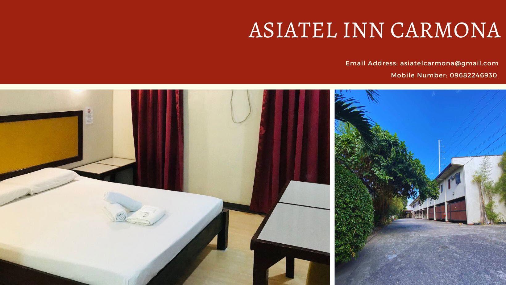 Cozy room interior and exterior view of Asiatel Inn in Carmona with lush greenery and clear blue sky.