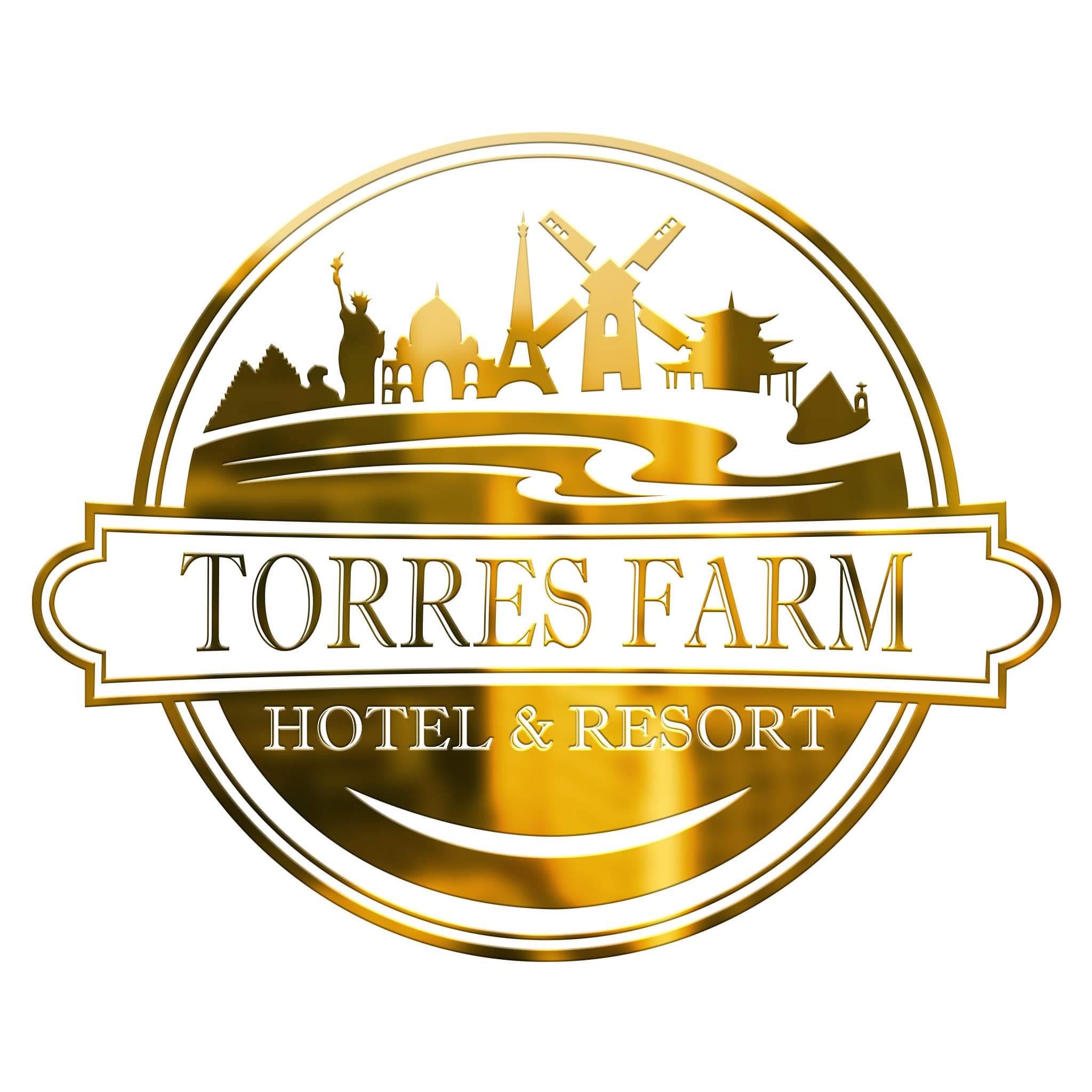 Golden logo of Torres Farm Hotel and Resort featuring global landmarks, Naic.