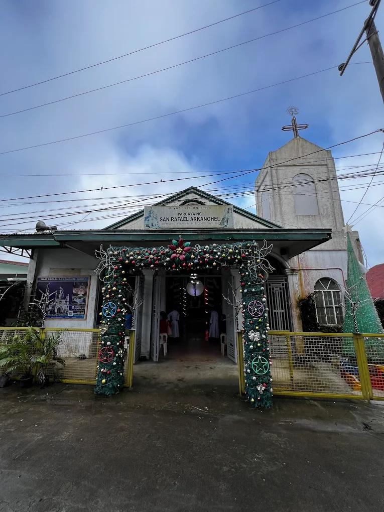 San Rafael Arkanghel Parish entrance decorated with Christmas ornaments, located in Tagaytay, Cavite.