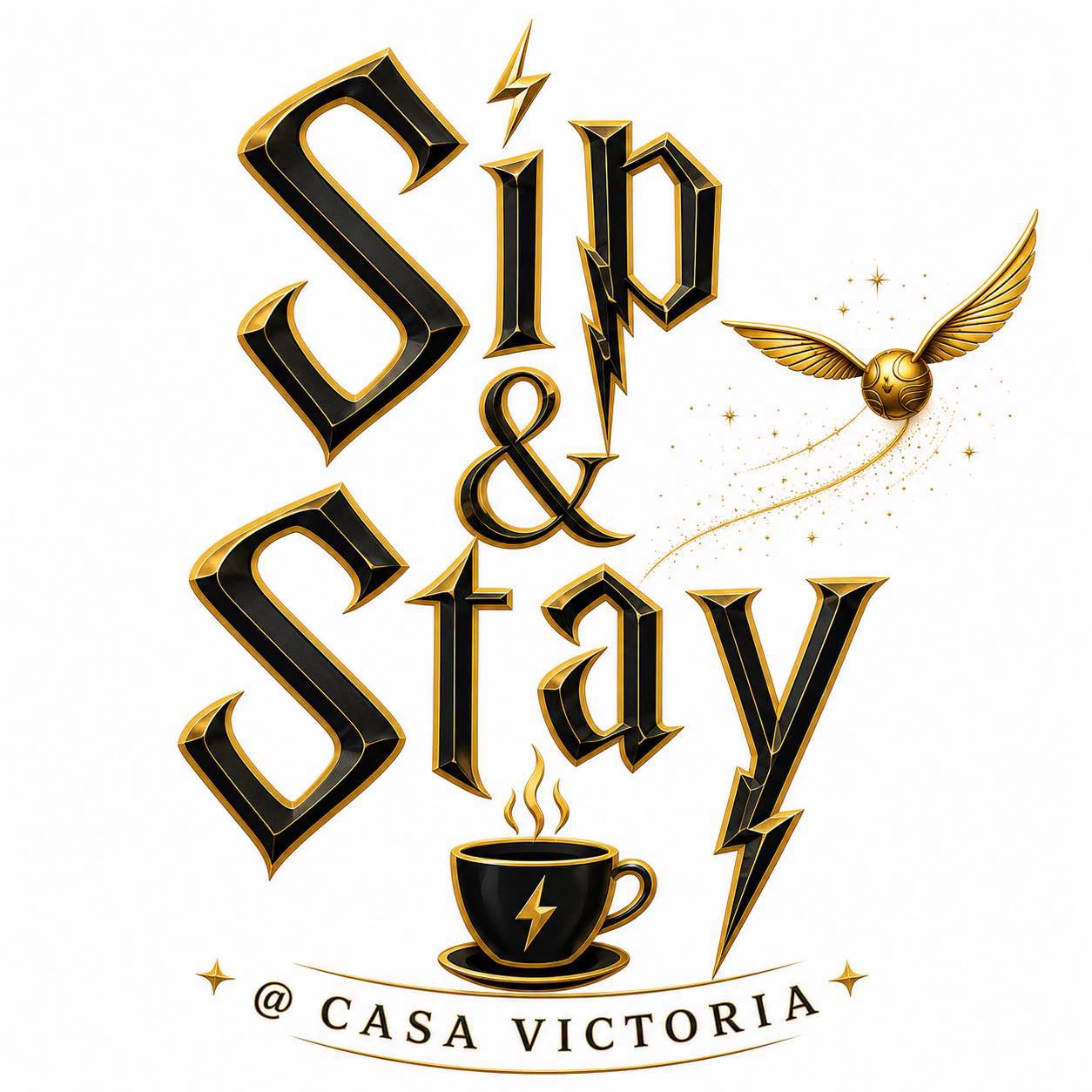 Sip&Stay @Casa Victoria logo with gold lettering, lightning bolt, coffee cup, and winged ball in Tanza.