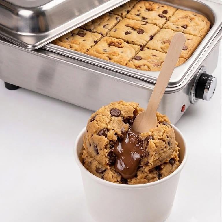 Chocolate chip cookies and a cup of cookie dough with melted chocolate at The SCookie Station, Kawit.