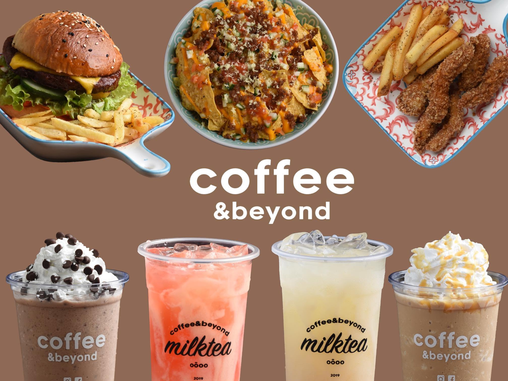 Burger, nachos, fries, chicken tenders, and drinks from Coffee & Beyond, Dasmariñas on a brown background.